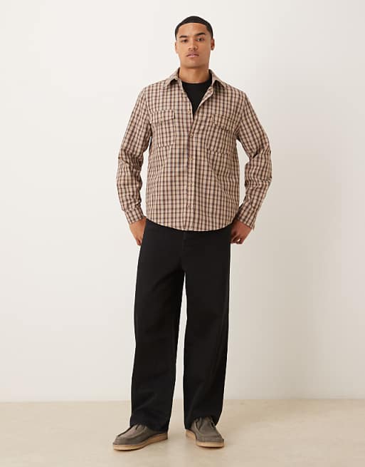 DESIGN Regular Fit Check Shirt In Brown