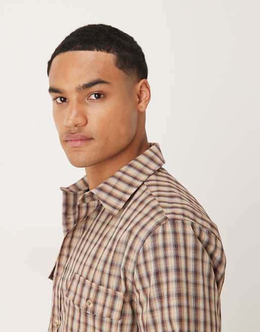 DESIGN Regular Fit Check Shirt In Brown