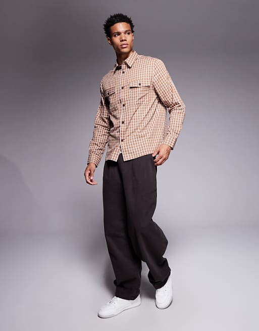 DESIGN Regular Fit Check Shirt In Brown
