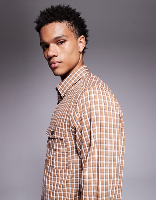 DESIGN Regular Fit Check Shirt In Brown