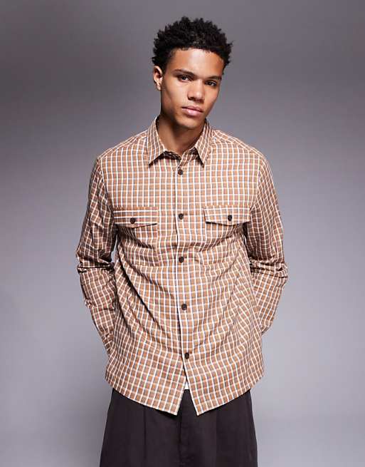 DESIGN regular fit check shirt in brown