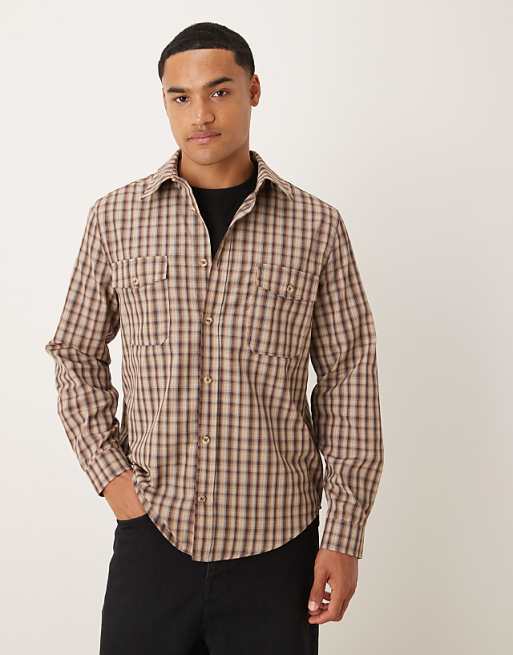 DESIGN regular fit check shirt in brown