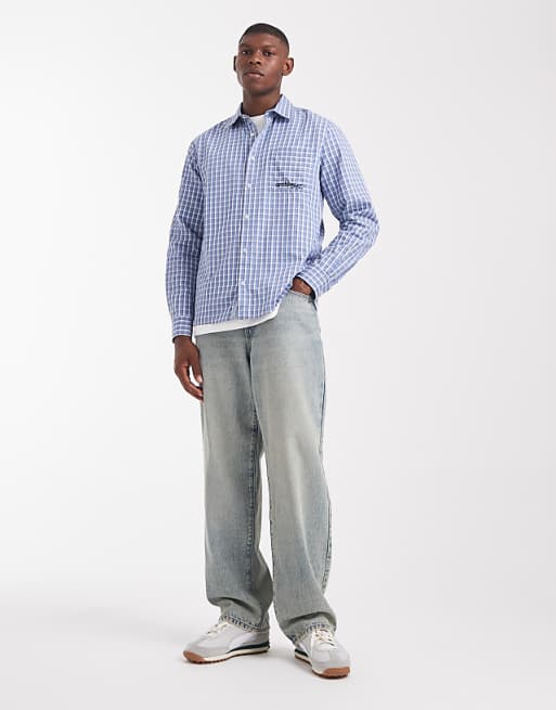 DESIGN Regular Fit Checked Shirt With Chest Embroidery In Blue