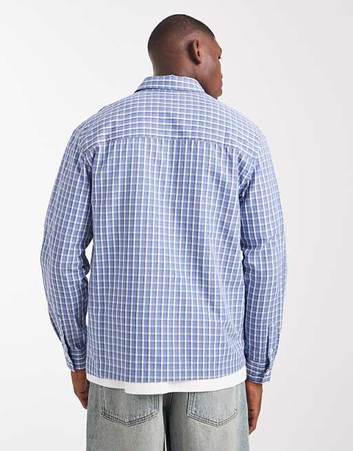 DESIGN Regular Fit Checked Shirt With Chest Embroidery In Blue