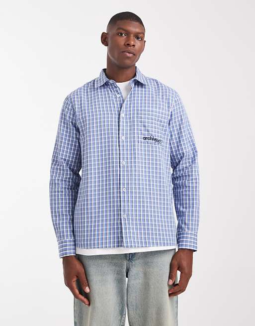 DESIGN regular fit checked shirt with chest embroidery in blue