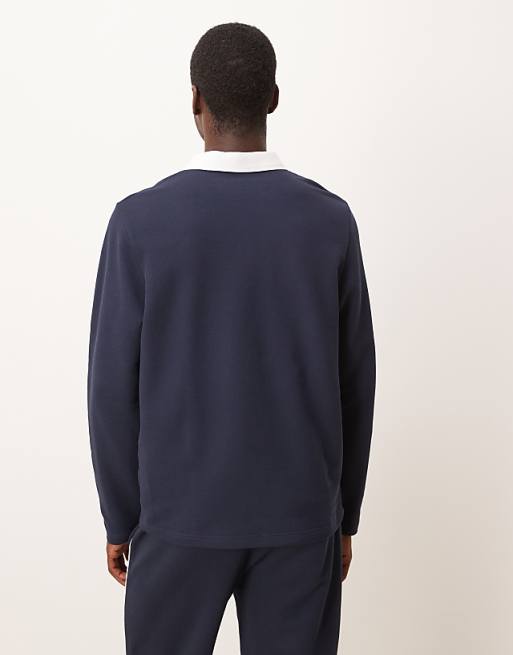 DESIGN Regular Fit Pique Rugby Polo With Piping In Navy