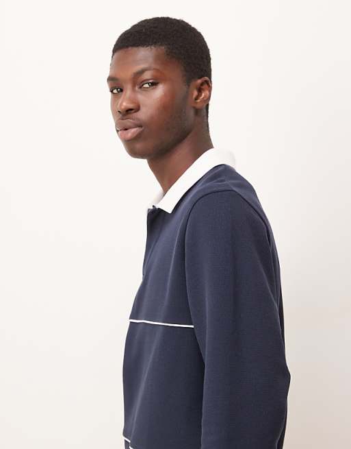 DESIGN Regular Fit Pique Rugby Polo With Piping In Navy