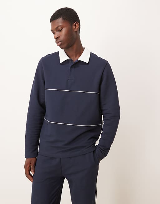 DESIGN regular fit pique rugby polo with piping in navy