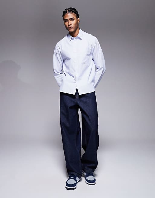 DESIGN Regular Fit Poplin Stripe Shirt In Blue