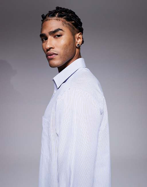DESIGN Regular Fit Poplin Stripe Shirt In Blue