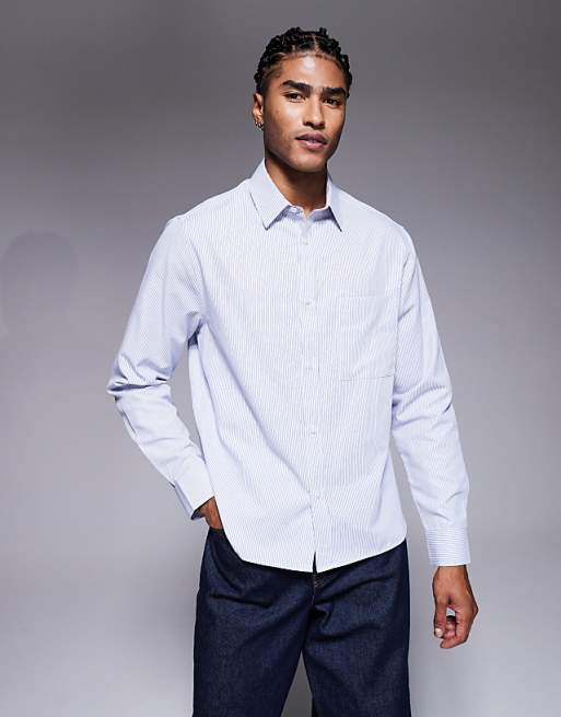 DESIGN regular fit poplin stripe shirt in blue
