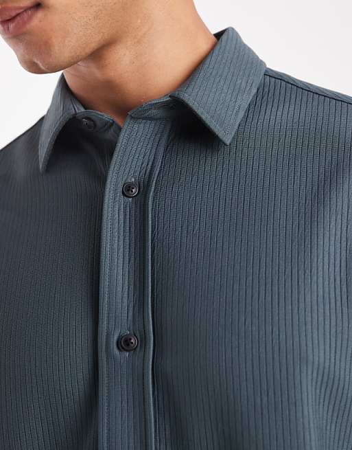DESIGN Regular Fit Ribbed Shirt In Steel Blue