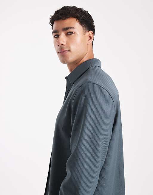 DESIGN Regular Fit Ribbed Shirt In Steel Blue