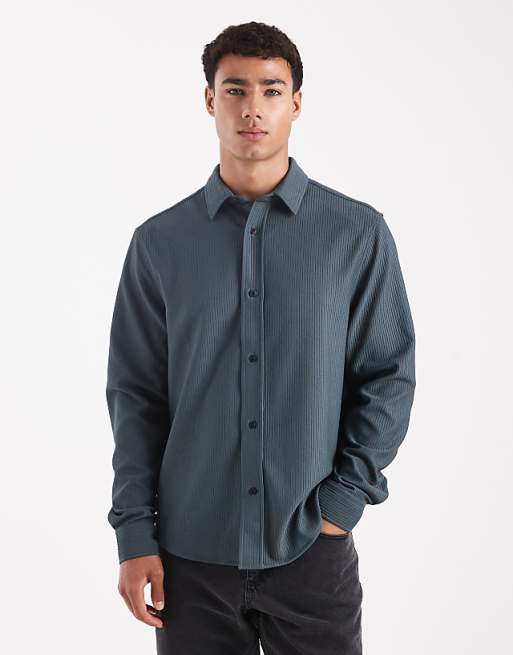DESIGN regular fit ribbed shirt in steel blue