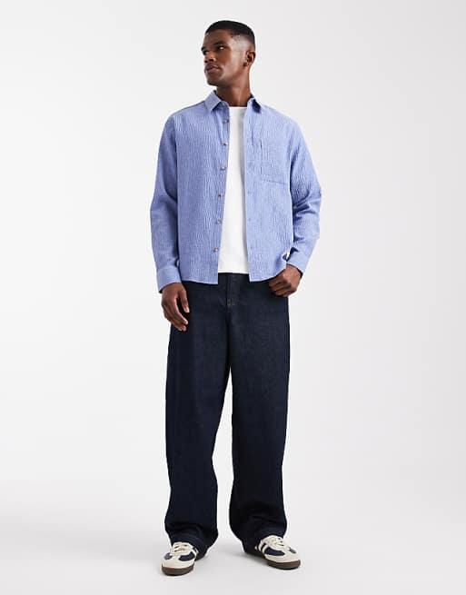 DESIGN Regular Fit Seersucker Shirt In Blue
