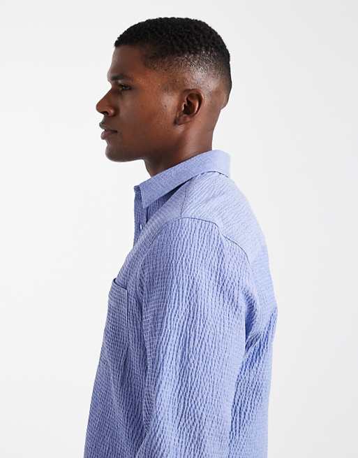 DESIGN Regular Fit Seersucker Shirt In Blue