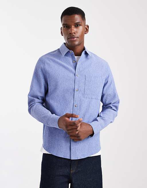 DESIGN regular fit seersucker shirt in blue
