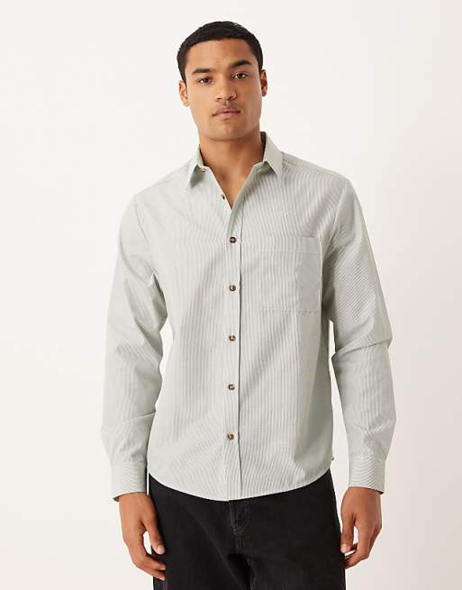 DESIGN regular fit shirt in green and white stripe