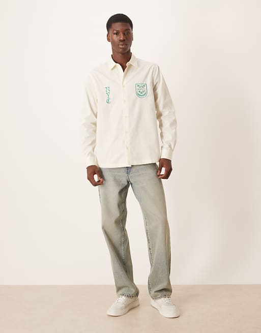 DESIGN Regular Fit Shirt With Chest Embroidery In Stone