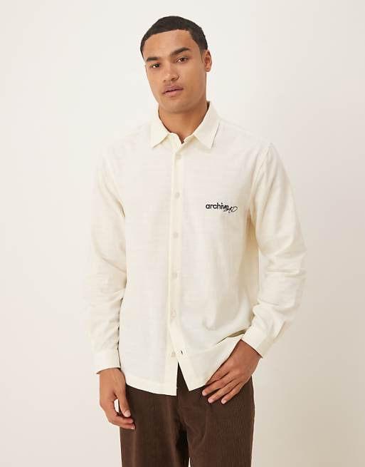 DESIGN regular fit shirt with chest embroidery in beige
