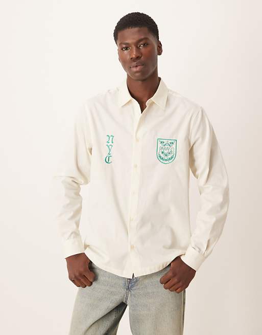 DESIGN regular fit shirt with chest embroidery in stone