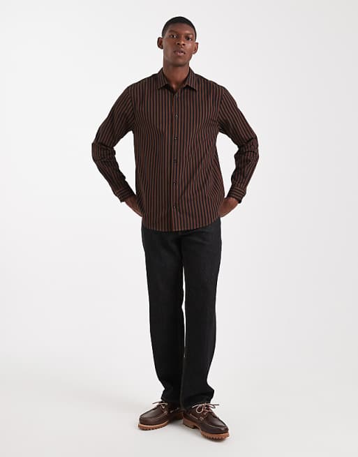 DESIGN Regular Fit Stripe Shirt In Brown