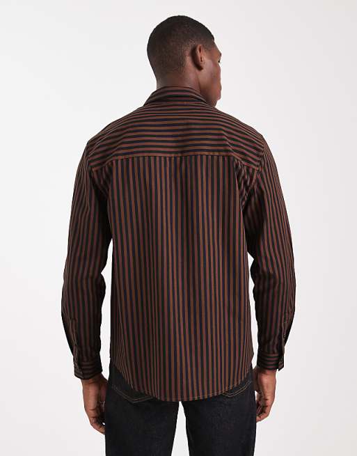 DESIGN Regular Fit Stripe Shirt In Brown