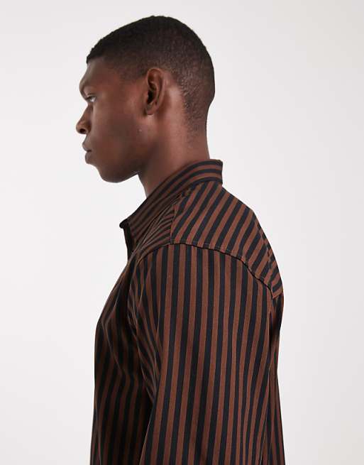 DESIGN Regular Fit Stripe Shirt In Brown