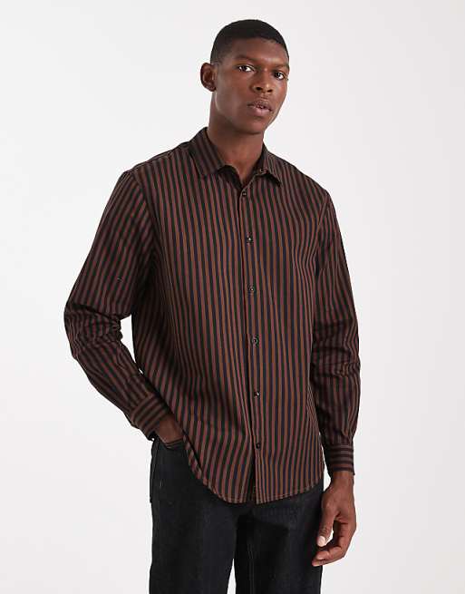 DESIGN regular fit stripe shirt in brown