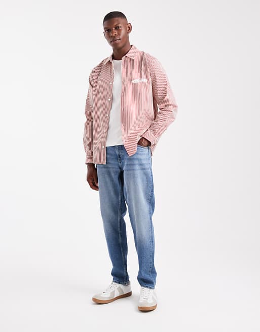DESIGN Regular Fit Stripe Shirt With Chest Embroidery In Red