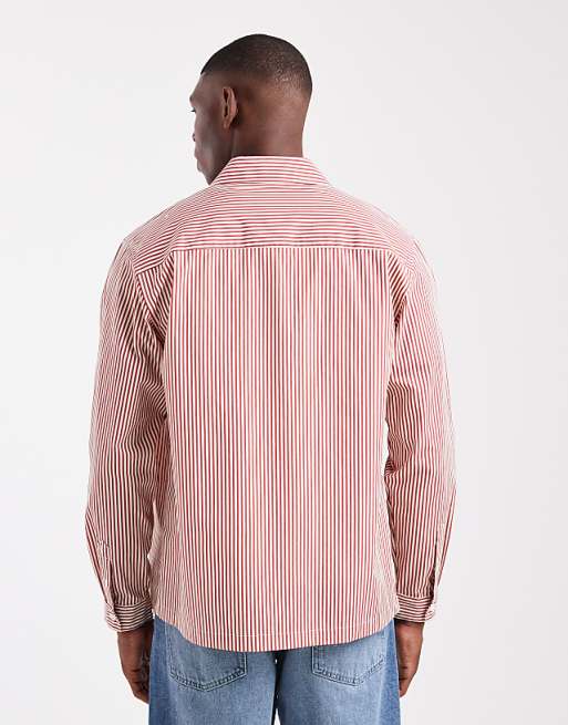 DESIGN Regular Fit Stripe Shirt With Chest Embroidery In Red
