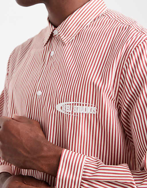 DESIGN Regular Fit Stripe Shirt With Chest Embroidery In Red
