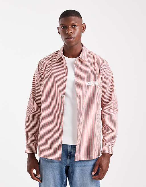 DESIGN regular fit stripe shirt with chest embroidery in red