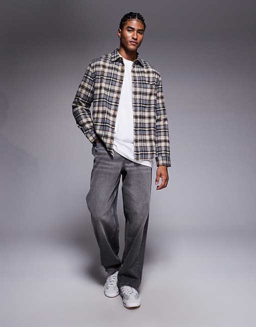 DESIGN Regular Flannel Check Shirt In Beige