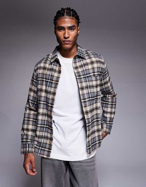 DESIGN regular flannel check shirt in beige