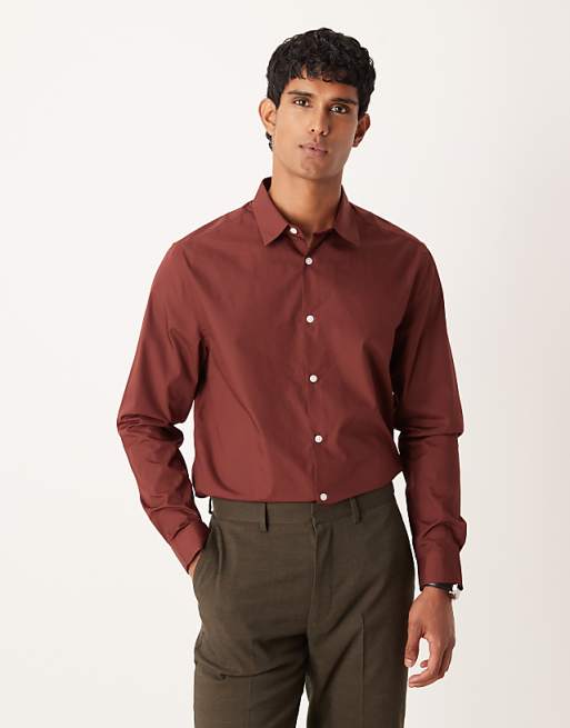 DESIGN regular poplin shirt in burgundy