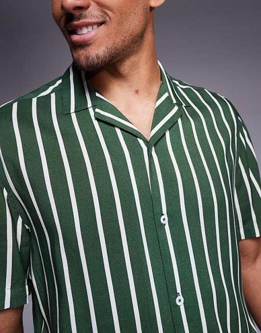 DESIGN Regular Revere Shirt In Green Stripe