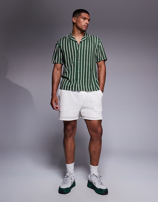 DESIGN Regular Revere Shirt In Green Stripe