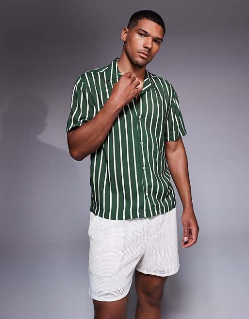 DESIGN regular revere shirt in green stripe