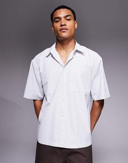 DESIGN regular revere shirt in light blue stripe