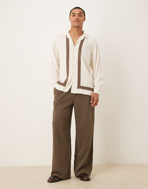 DESIGN Regular Revere Shirt With Border Detail In Cream