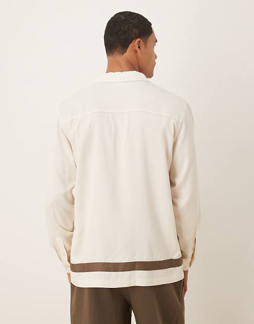 DESIGN Regular Revere Shirt With Border Detail In Cream