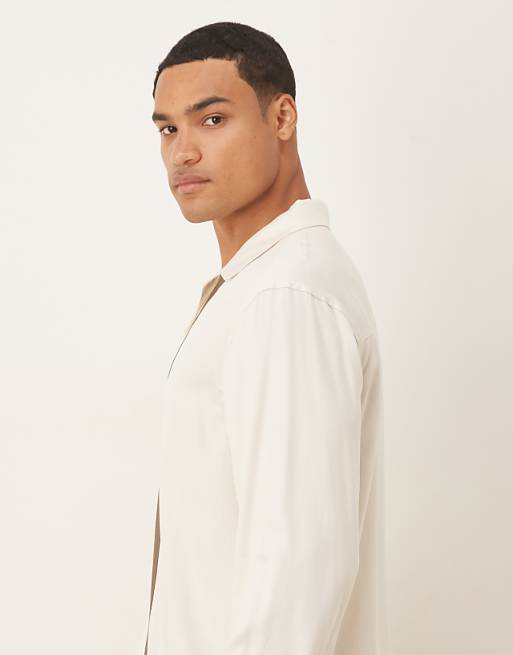DESIGN Regular Revere Shirt With Border Detail In Cream