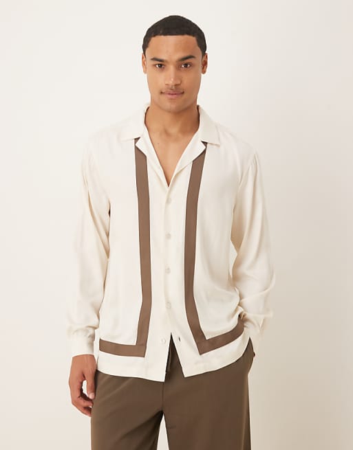 DESIGN regular revere shirt with border detail in cream