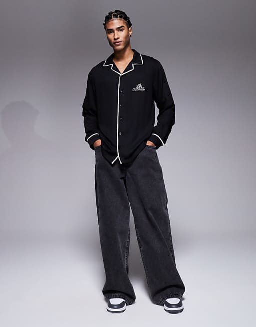 DESIGN Regular Revere Shirt With Piping Detail And Chest Embroidery In Black