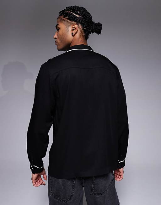 DESIGN Regular Revere Shirt With Piping Detail And Chest Embroidery In Black