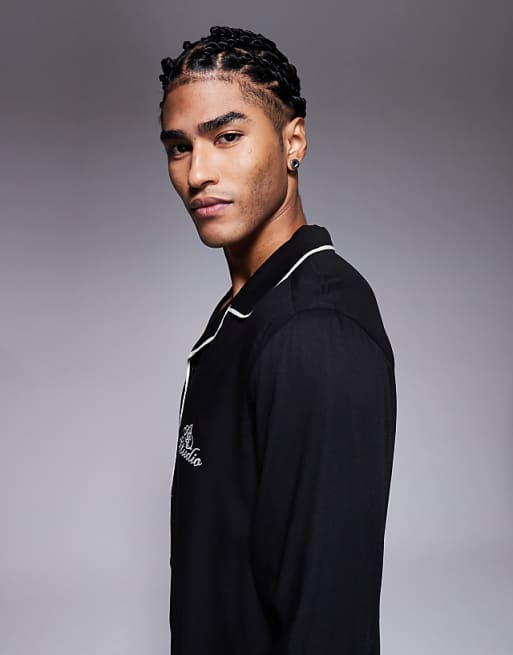 DESIGN Regular Revere Shirt With Piping Detail And Chest Embroidery In Black