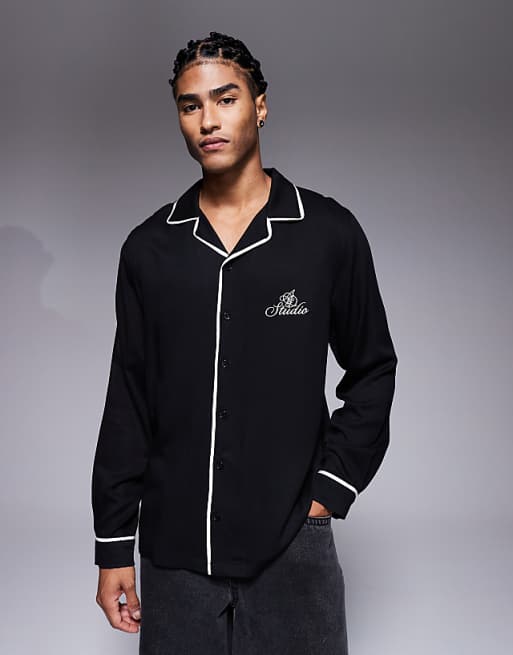 DESIGN regular revere shirt with piping detail and chest embroidery in black