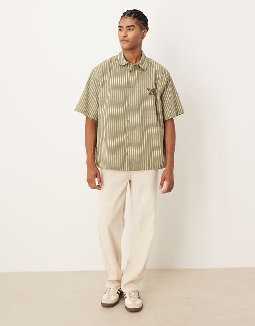 DESIGN Regular Shirt In Khaki Stripe With Chest Embroidery