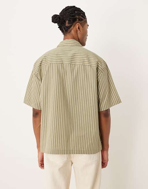 DESIGN Regular Shirt In Khaki Stripe With Chest Embroidery